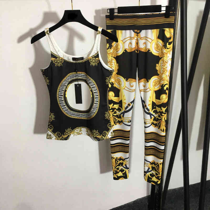 

Designer Womens Two Piece Pants Geometric Pattern Cotton Tank Top Stretch Leggings Trendy Comfortable Vintage Style Branded Women Clothing