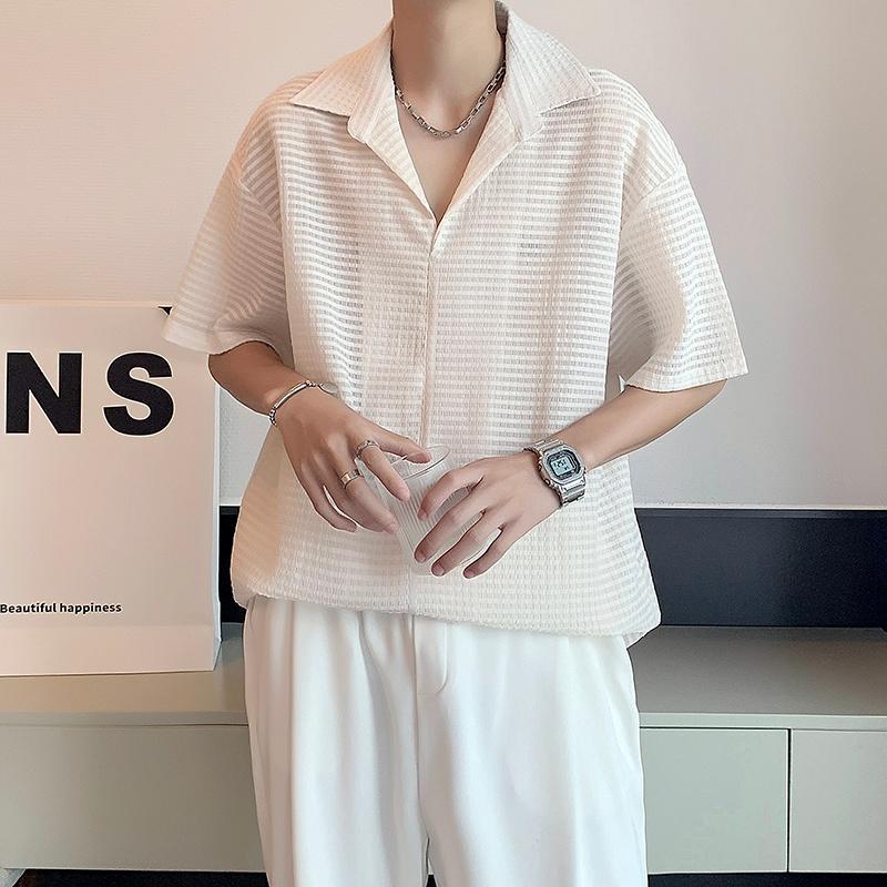 

Men's Casual Shirts Summer Thin Pullover Men Fashion Society Mens Dress Korean Loose Short Sleeve -2XLMen's, Creamy-white