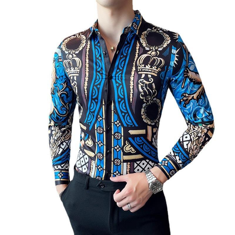 

Men's Dress Shirts Digital Printed Blue Shirt European Casual Long Sleeve Lapel Top