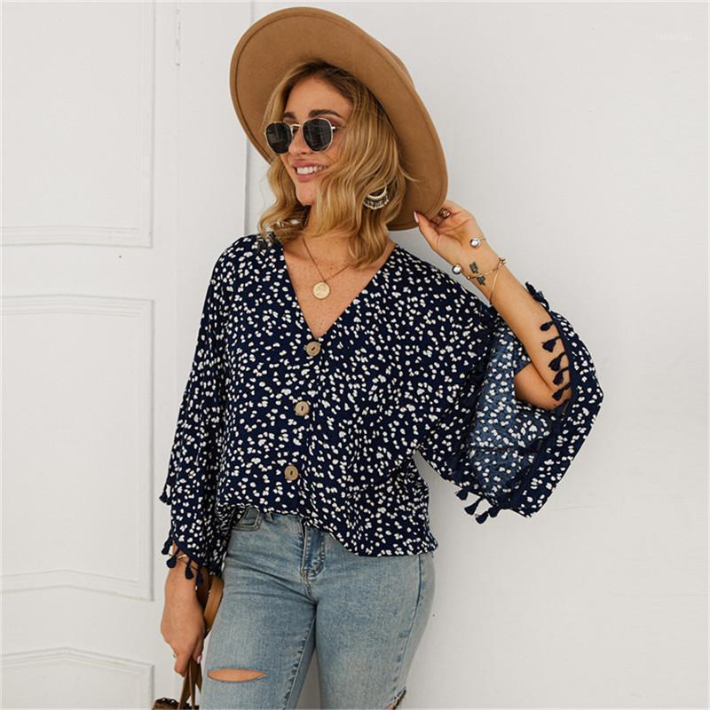 

Women' Blouses & Shirts Spring Autumn Ladies Floral Print Blouse Shirt Women Flare Sleeve Casual Button V Neck Tassel Pullovers Tops, Yellow