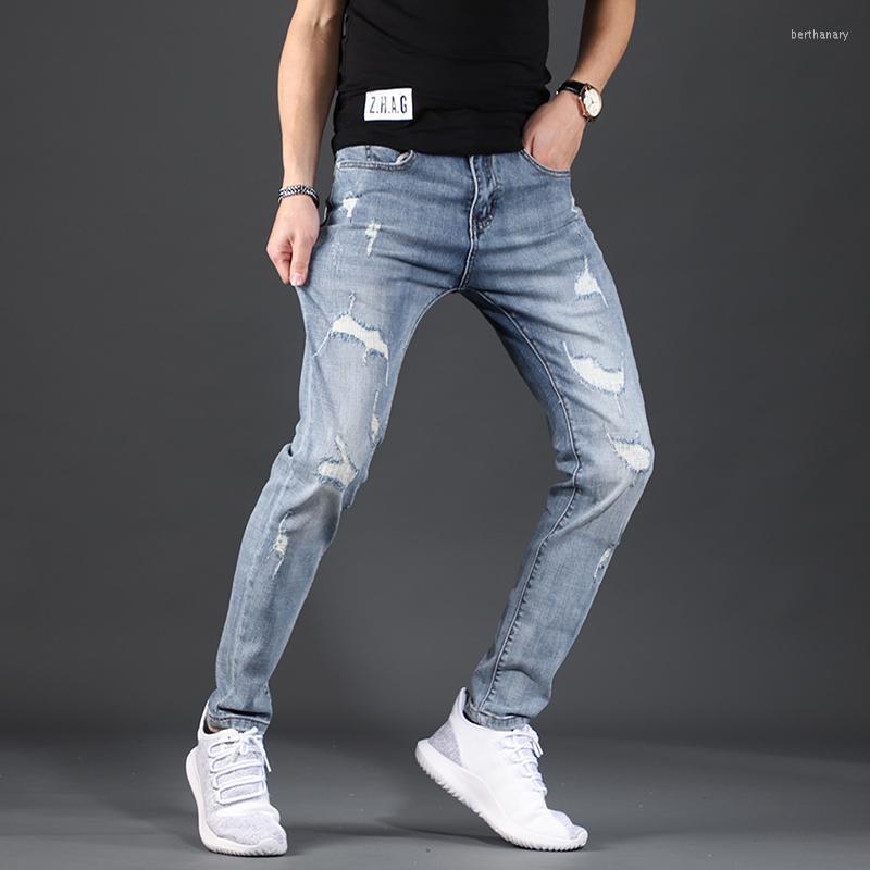 

Men's Jeans Summer Men's Ripped Fashion Light Blue Slim Fit Pencil Pants Korean Style Streetwear Hole Denim TrousersMen's Bert22
