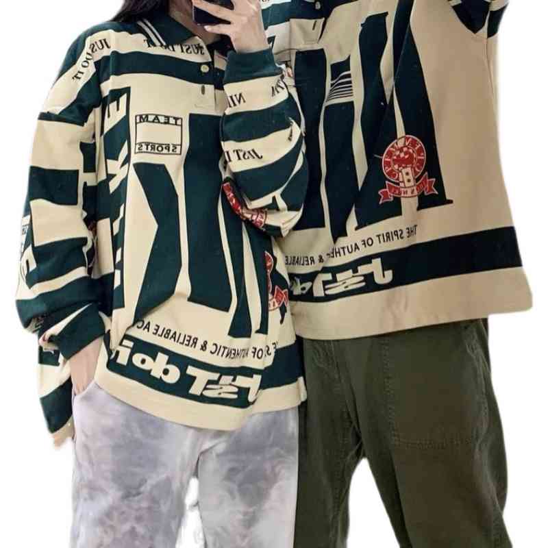 

co cpfm Designer branded HoodieUs high street letter printed OS loose Polo Pullover half button couple long sleeved shirt, Beige contrast olive green stripe