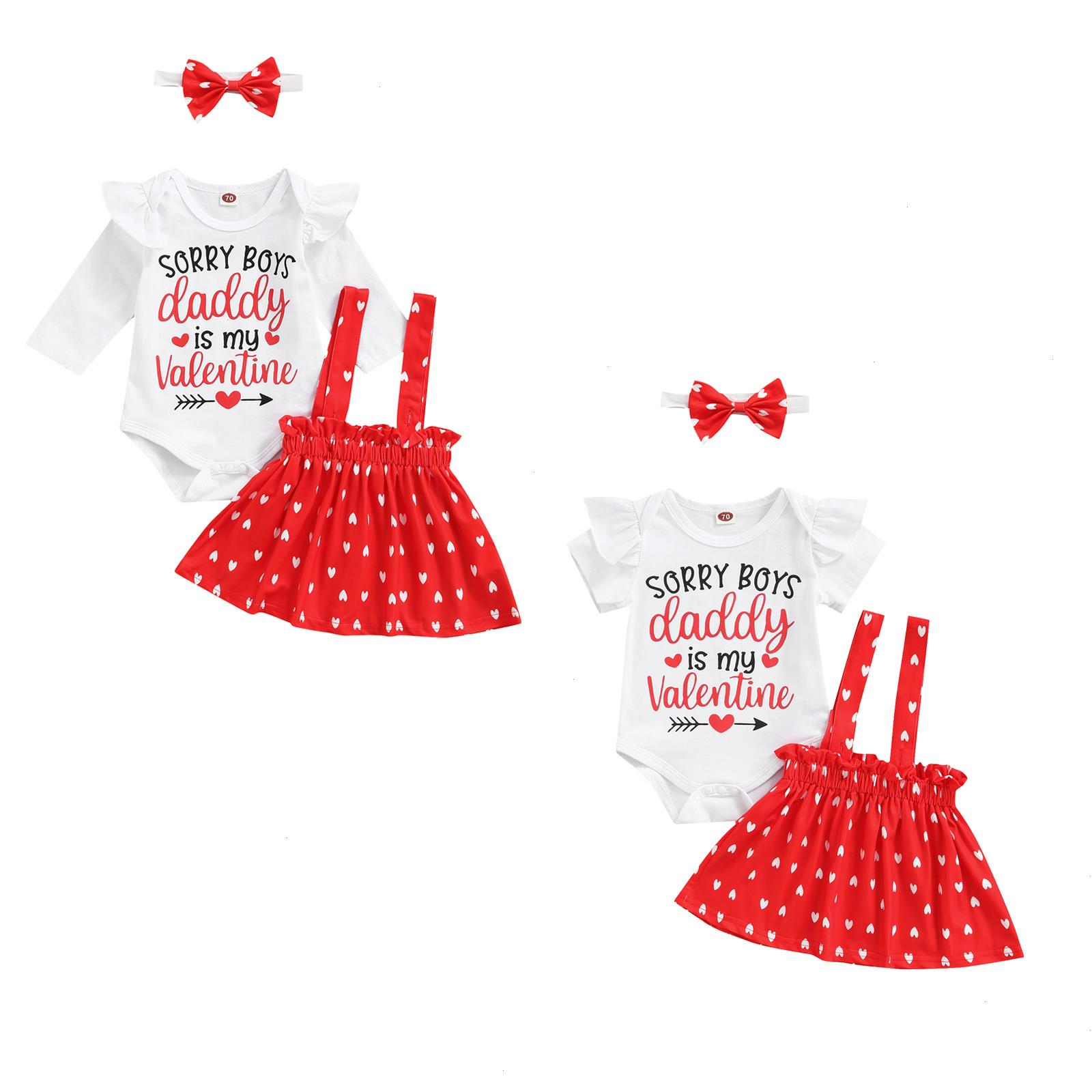 

0-24m Newborn Infant Baby Girl Set 3pcs Valentines Day Clothing Short Sleeve Bodysuit Top Red Heart Printed Skirt