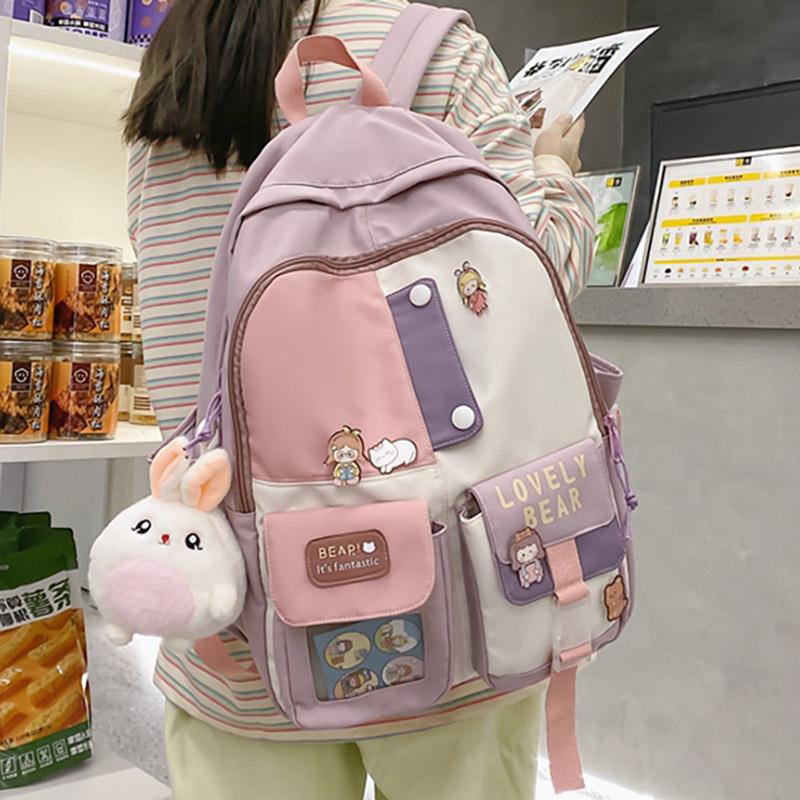 

Backpack Kawaii Fashion Bagpack Teenage Girl Panelled College Student Schoolbag Large Capacity Canvas Washing Women Backpacks, Vip black