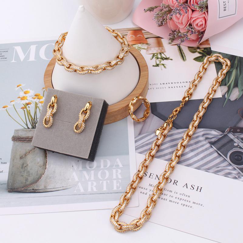 

Earrings & Necklace Bracelet Earring Ring 4 Pieces Jewelry Set For Men Women Unisex Hip Hop Bling Iced Out Charm Gold Silver ColorEarrings, As pic