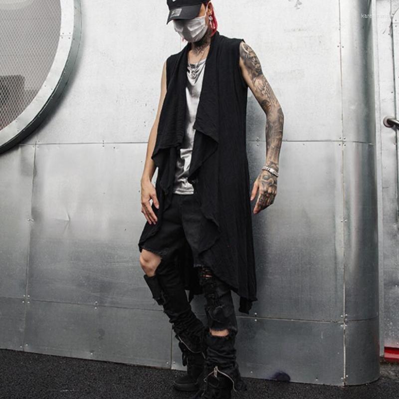 

Men's Vests Men Nightclub DJ Singer Hip Hop Punk Rock Long Vest Linen Cape Mens Sleeveless Cloak Jacket Gothic Style Black Colete Masculino