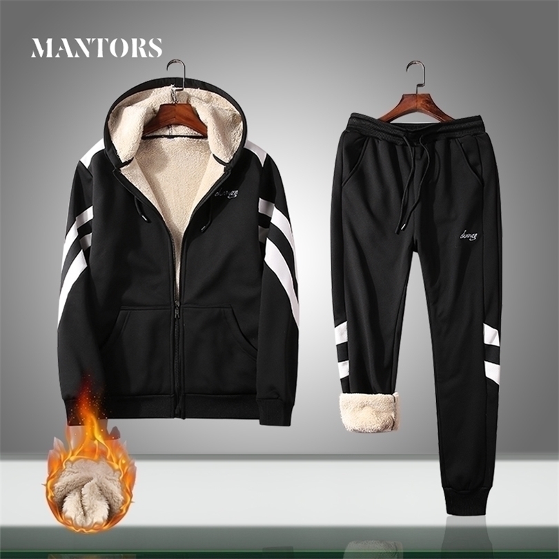 

Winter Men Sets Warm Thick Hooded JacketPants 2PC Sets Mens Lambswool Hoodies Zipper Tracksuit Solid Sports Suit Plus size 7XL 201118, Zy1988a black