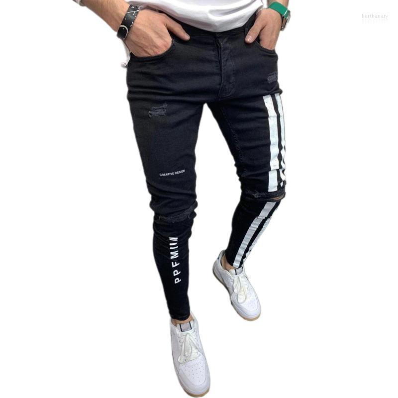 

Men' Jeans Men' Denim Long Pants Striped & Letter Distressed Destroyed Ripped Zip Slim Wild Fashion Pull-Up TrousersMen' Bert22, Black