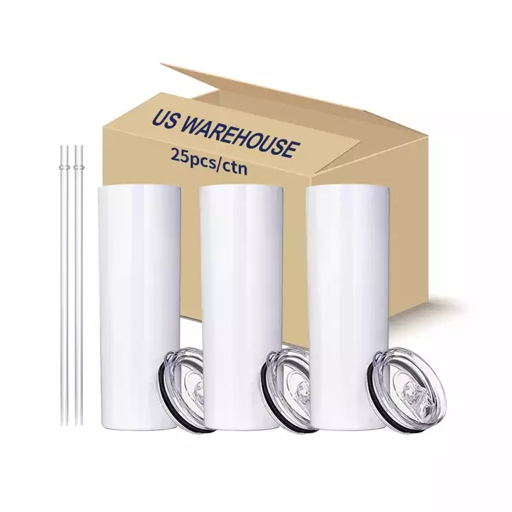 

US Local Warehouse 25pcs 20oz Tumblers Blank Sublimation Slim Cup Straight Coffee Mugs with Lid and Plastic Straw FY4275, 20oz straight