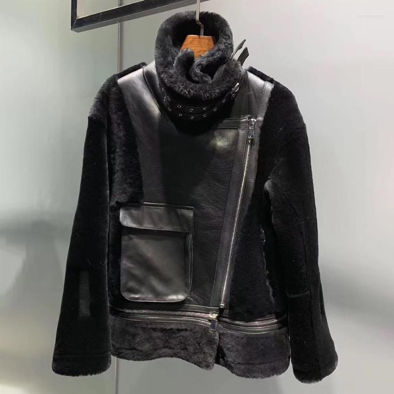 

Women' Fur & Faux Merino Sheep Fur-in-one Women Winter 2022 Fashion Motorcycle Style Real Coat Luxuty Clothing Oversize, Khaki