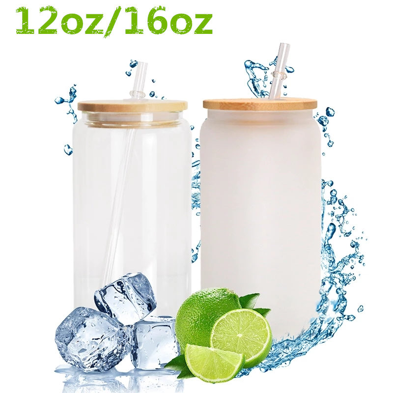 

US STOCK 12oz 16oz Sublimation Glass Beer Mugs with Bamboo Lid Straw DIY Blanks Frosted Clear Can Shaped Tumblers Cups Heat Transfer Cocktail Iced Coffee Soda Glasses, Froested with lid and straw