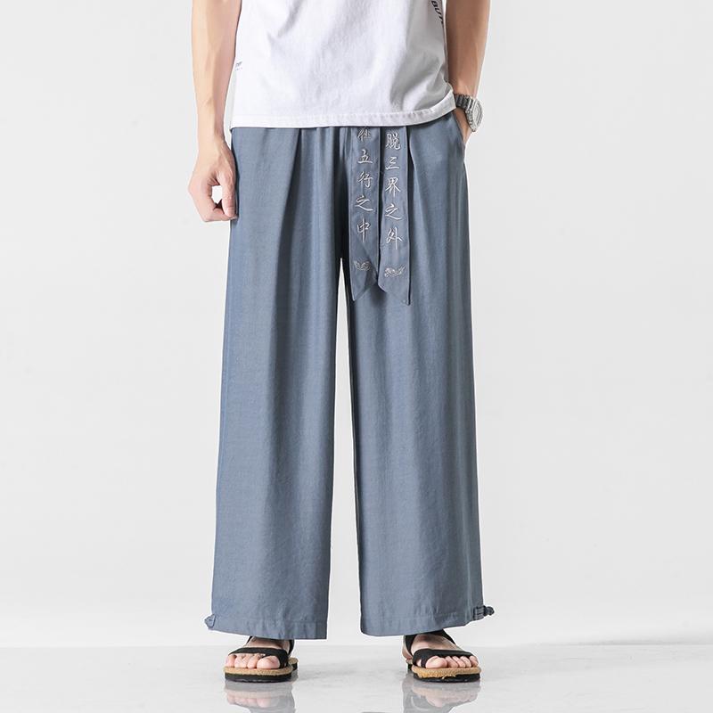 

Men's Pants Men Chinese Style Summer Thin Ice Silk Embroidery Casual Wide Male Loose Hakama Harajuku Oversized TrousersMen's, Black
