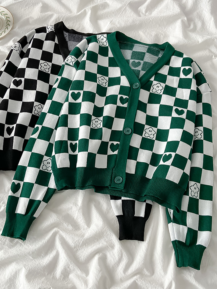 

V Neck Women Button Lattice Knitted Cardigan 2022 Long Sleeve Sweater Autumn Winter Knitted Loose Oversized Jumper Casual, Green