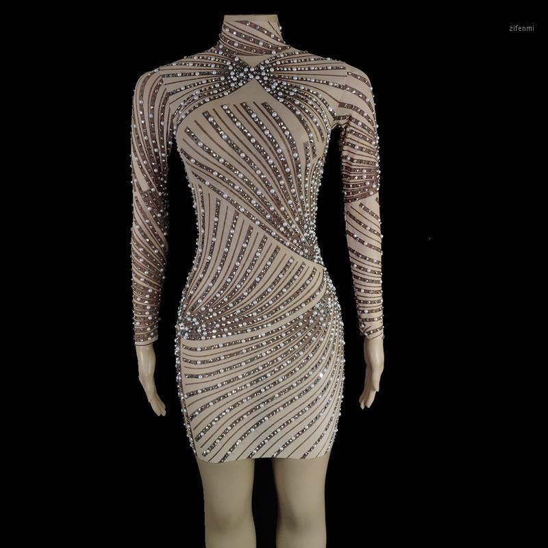 

Casual Dresses Shining Pearl Rhinestones Short Bodycon Dress Women Birthday Celebrate Party Evening Prom Outfit Sexy Transparent, Silver