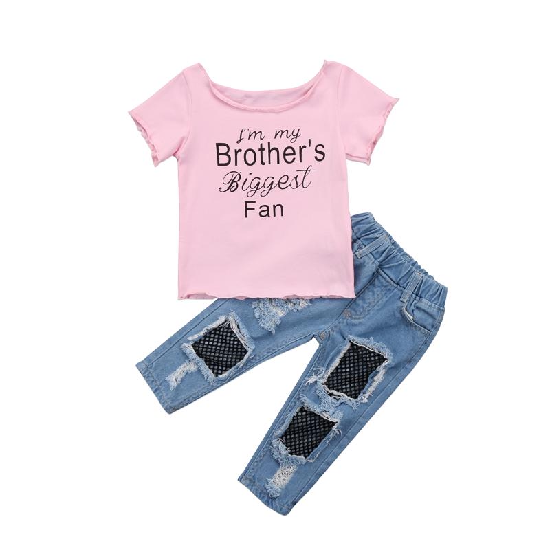

Clothing Sets Kids Baby Girl Cotton T Shirt Tops Hole Mesh Jeans Pants 2pcs Outfits Set ClothesClothing ClothingClothing, As pic