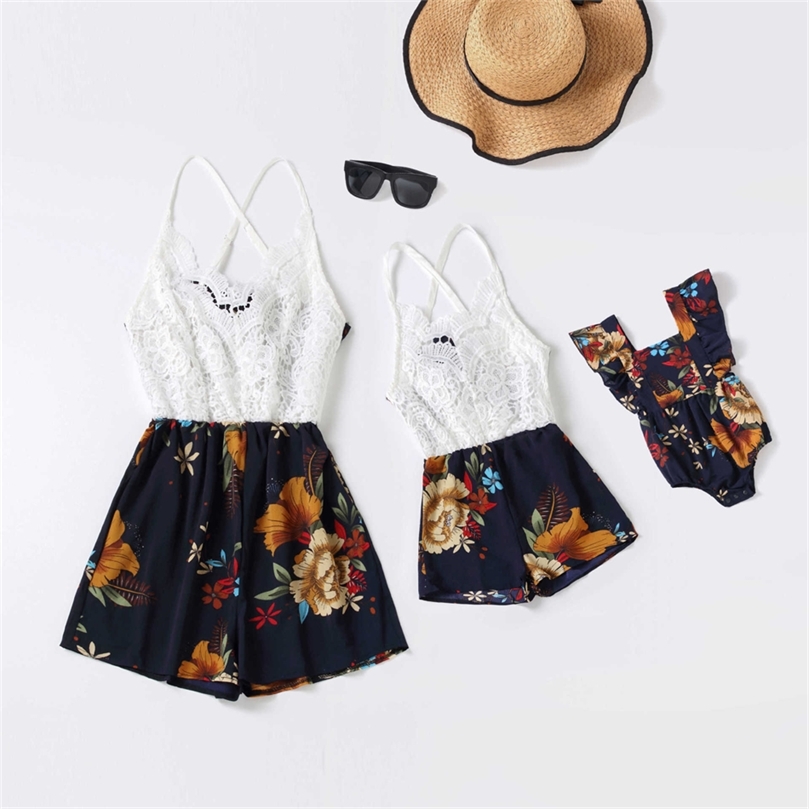 OnePiece Overalls Lace Mother Daughter Matching Dresses Family Set Flower Mom Baby Mommy and Me Clothes Women Girls Jumpsuits 220531