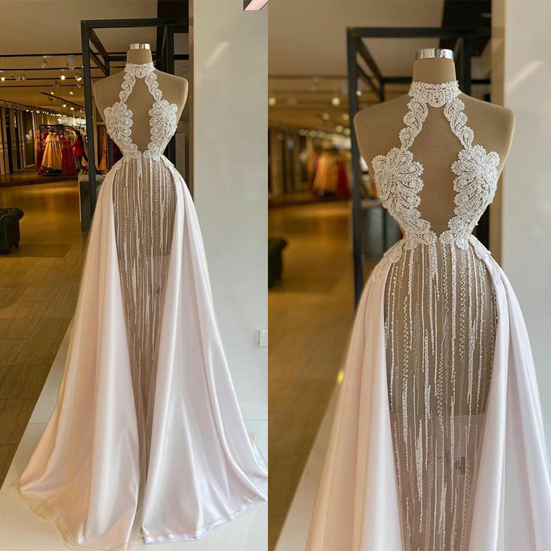 Plus Size Sparkly Sequined Mermaid Prom Dresses for Black Girl High Neck Illusion Lace Formal Arabic Evening Gowns