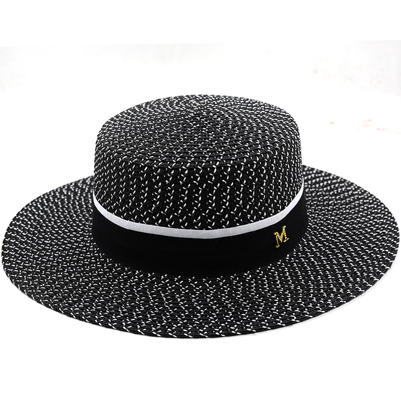 

Simple Summer Hepburn style stripeWomen Beach Hat Female Casual Panama Hat Lady Brand Flat brim Bowknot Straw cap girls Sun Hat, Black