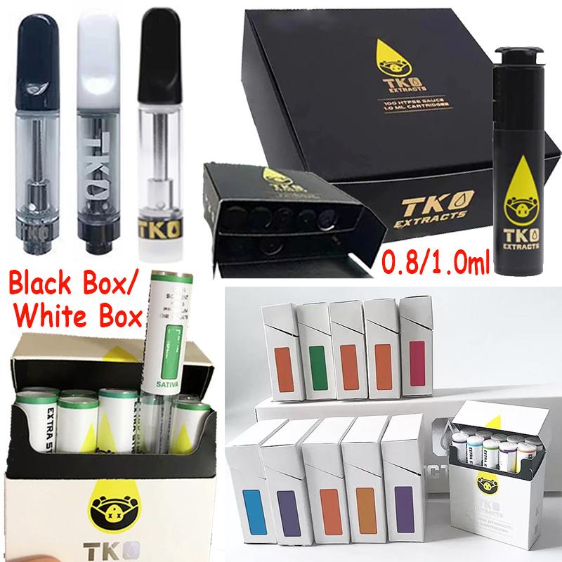 

TKO Sauce Vape Cartridge White Black Box Packaging Atomizers 1ml 0.8ml 510 Thread Thick Oil Carts Cartridges Glass Tank Dab Wax Ecig Empty Vapes Pen E Cigarettes