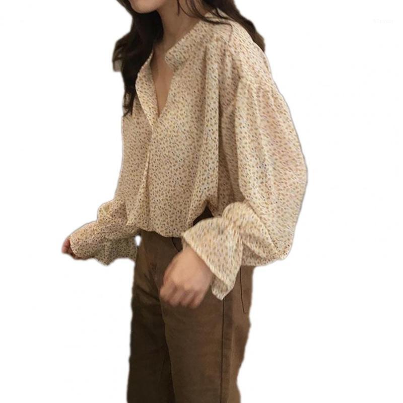 

Women's Blouses & Shirts Plus Size Loose Women Spring Autumn Elegant Casual Long Puff Sleeve V Neck Floral Print Chiffon Shirt Blouse Top, Coffee