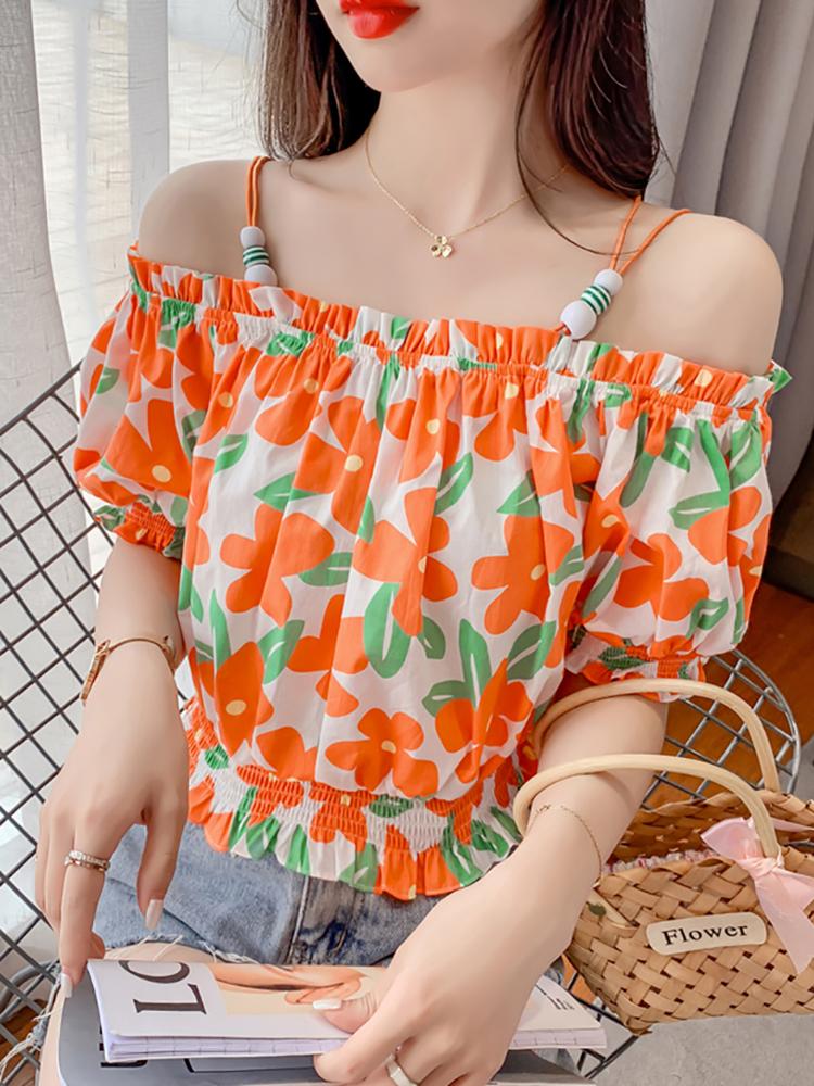 

Women' Blouses & Shirts Off Shoulder Crop Top Women Blouse Short Sleeve Print Summer Ladies Tops Korean Fashion Womens Clothing Camisas De, Red