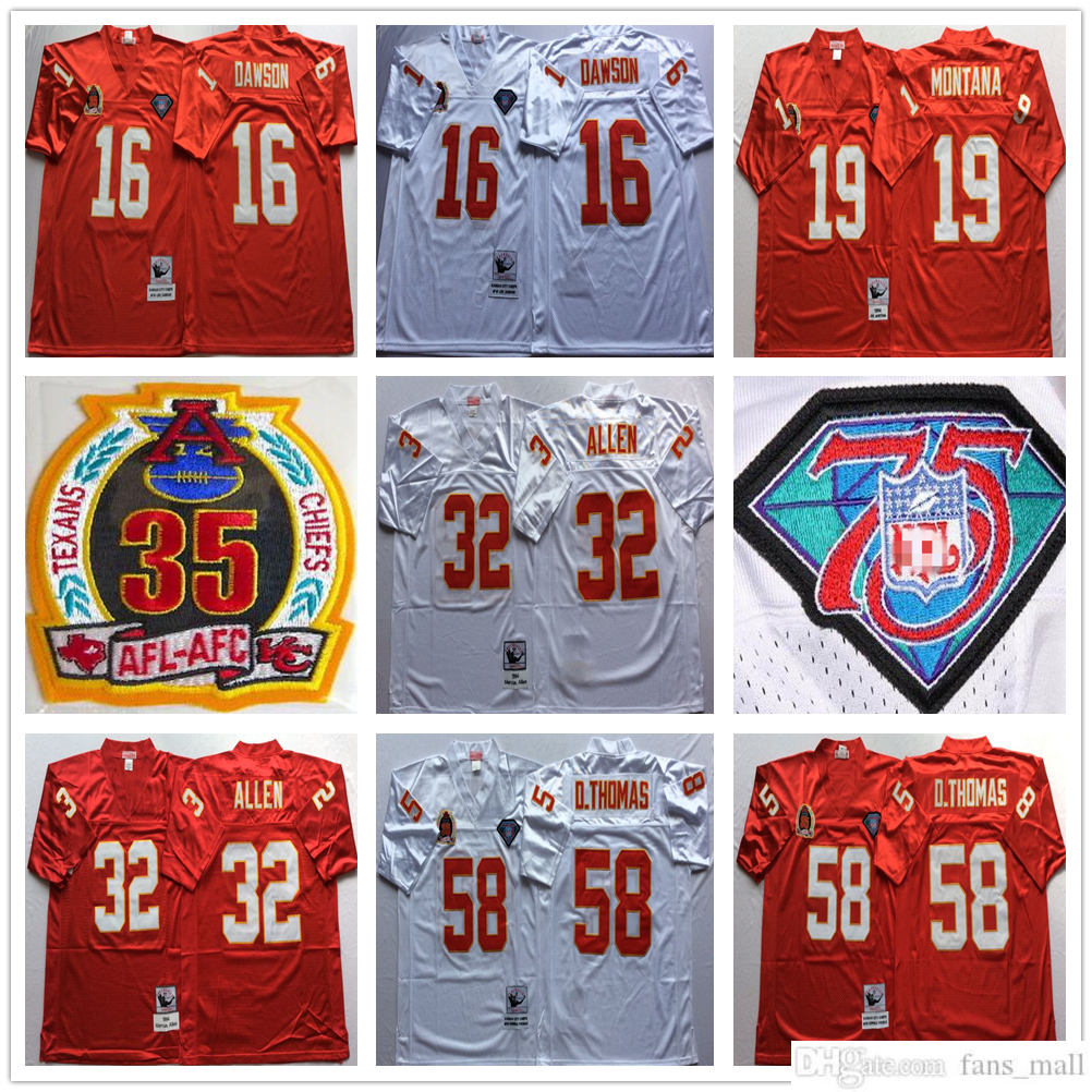 

NCAA 75th Mitchell and Ness Vintage Football 58 Derrick Thomas Jerseys Retro Stitched 16 Len Dawson 19 Joe Montana 32 Marcus Allen Jersey College Red White, Same as picture