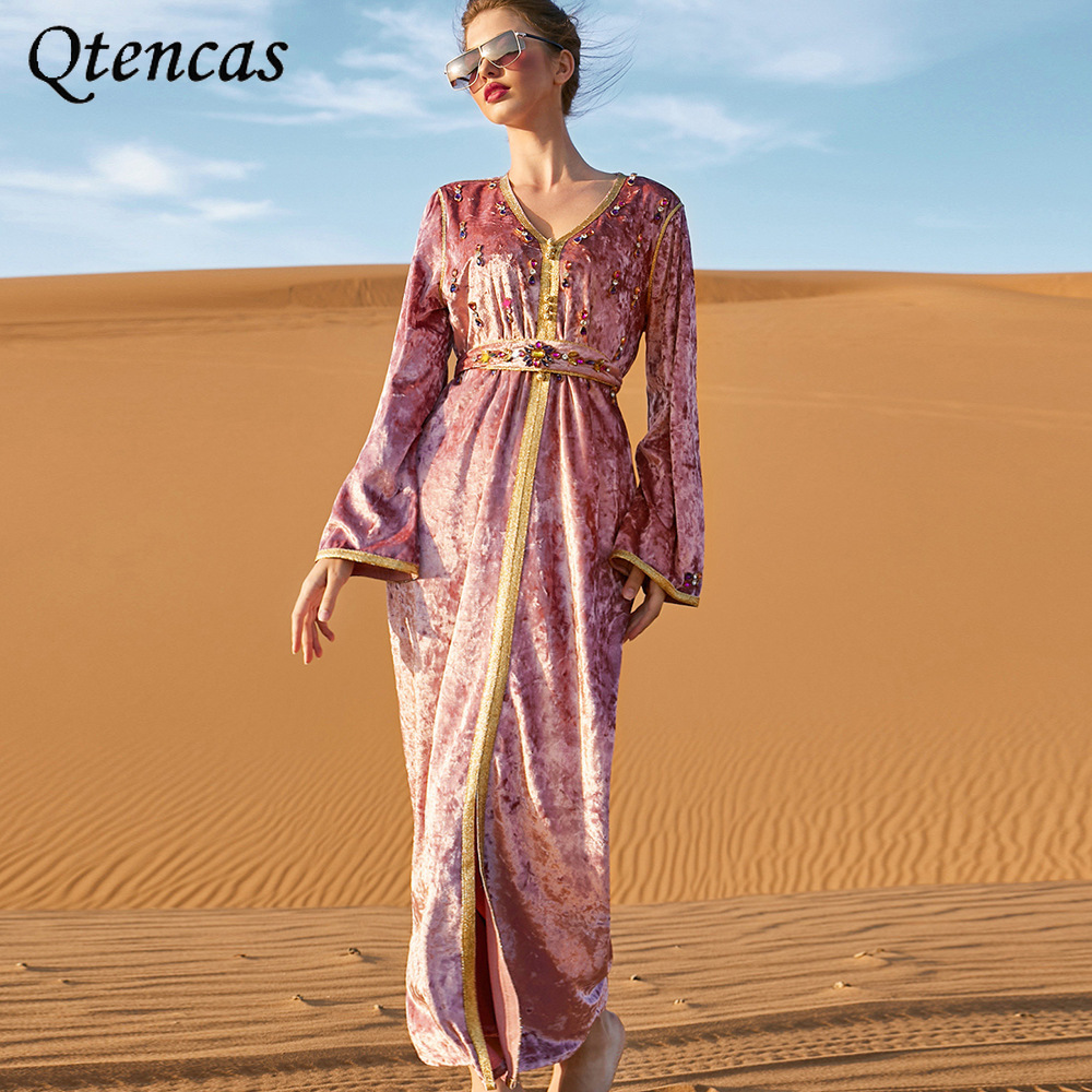 

Winter Velvet Abaya Dress Handsewn Diamonds Moroccan Caftan Dubai Kaftan Islam Arabic Muslim Party Bridal Maxi Dresses for Women
