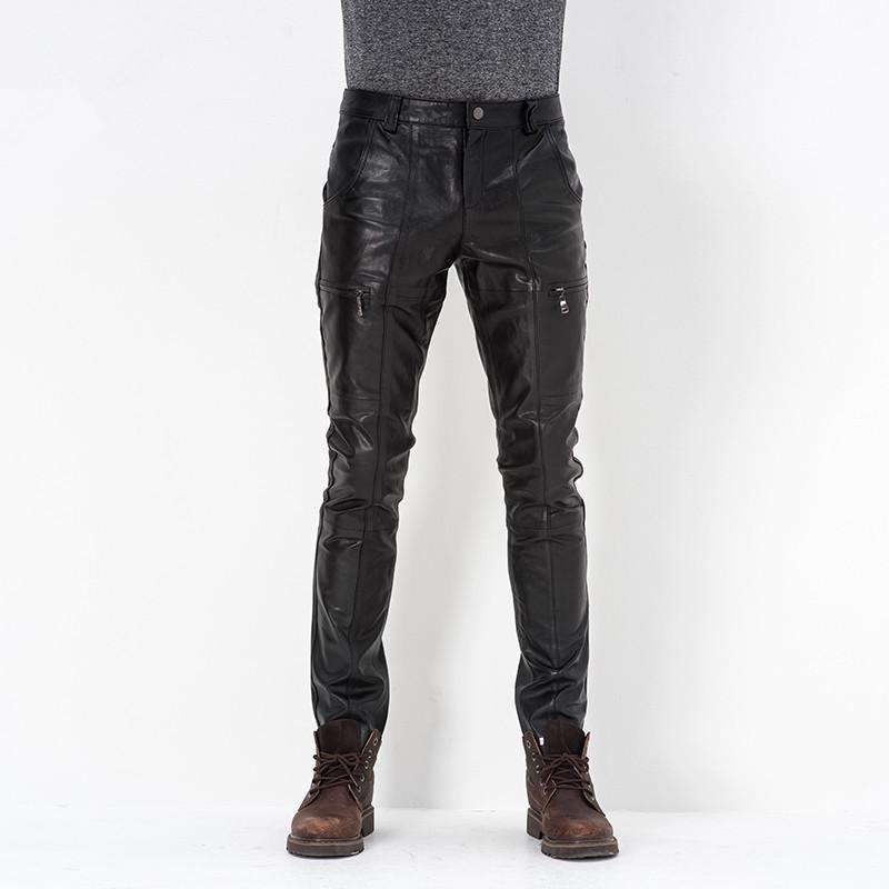 

Men's Pants Genuine Leather Men Real Sheepskin Motorcycle Biker Male Trousers Autumn Winter Thick Warm Pockets Plus SizeMen's, Black