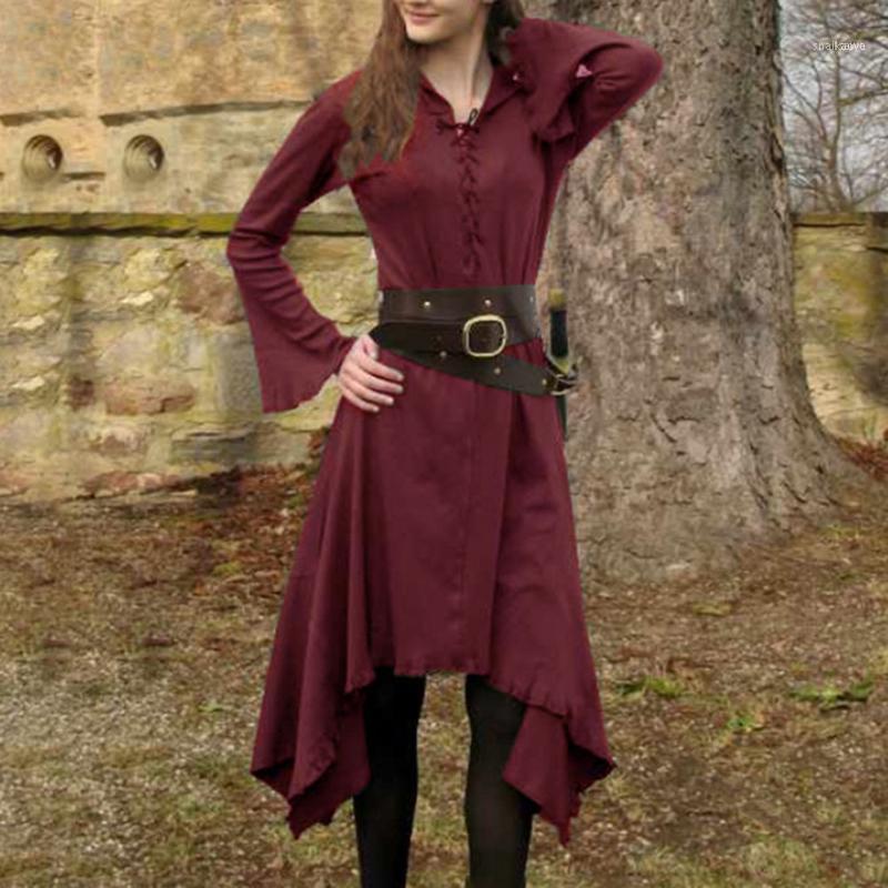 

Retro Gothic Autumn Flare Sleeve Dress Female Vintage Lace Up Asymmetrical Solid Color Plus Size Casual Medieval Costumes Dresses, Purple