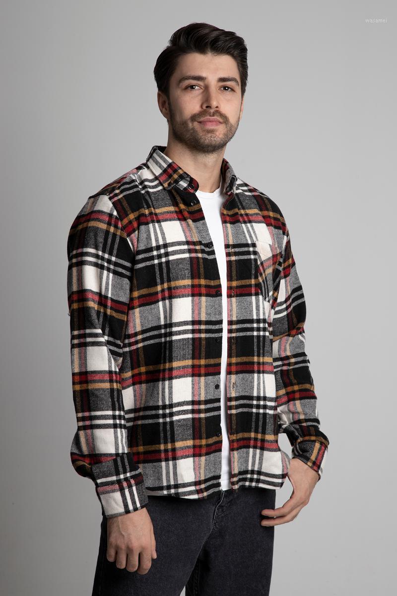 

Men' Casual Shirts ALENMEZA Black Brown White Plaid Stylish Long Sleeve Autumn Winter Season Lumberjack Single Pocket Modern Fit Shirt