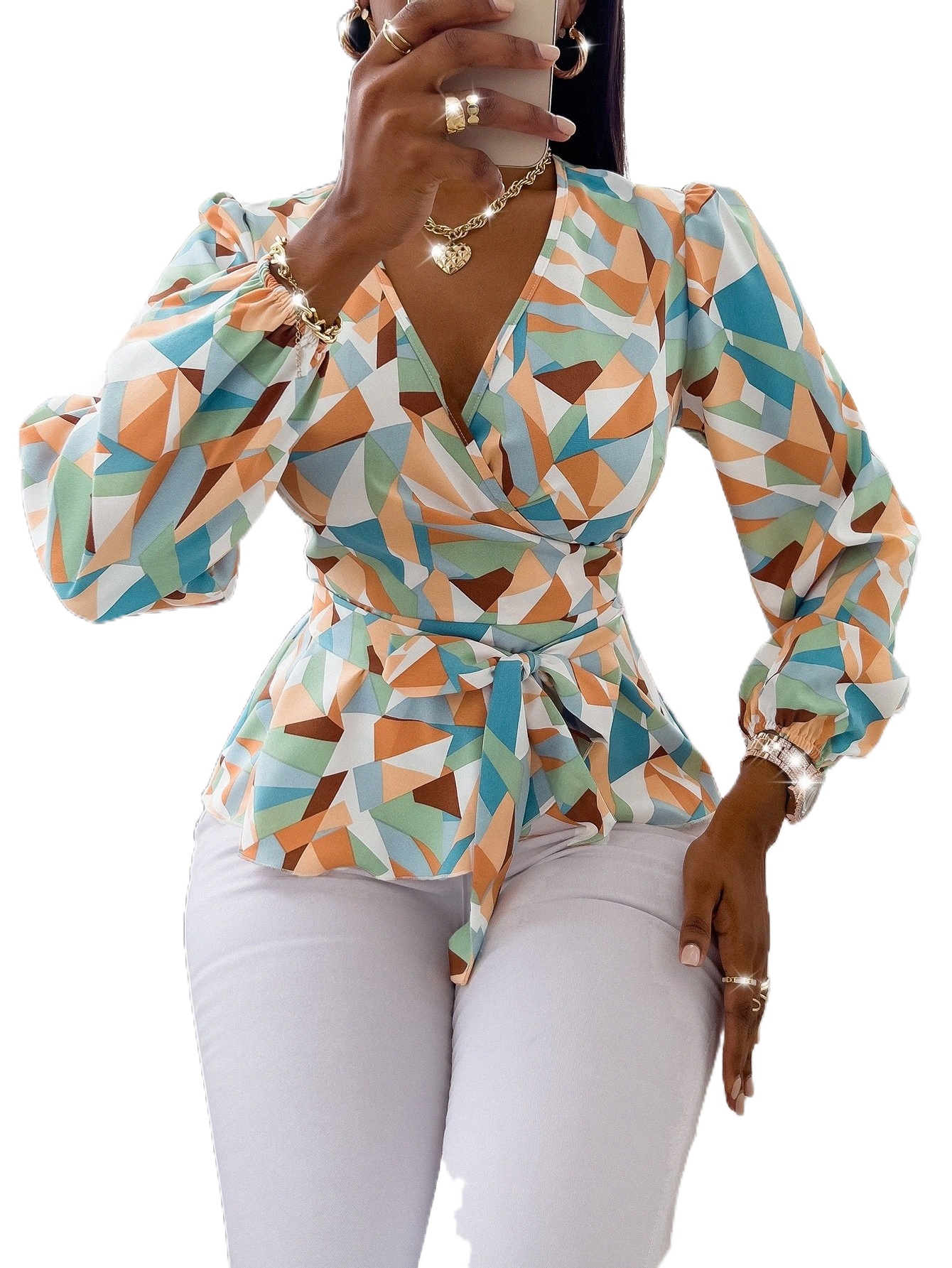 

random Geo Print Belted Blouse 1812#, Multicolor