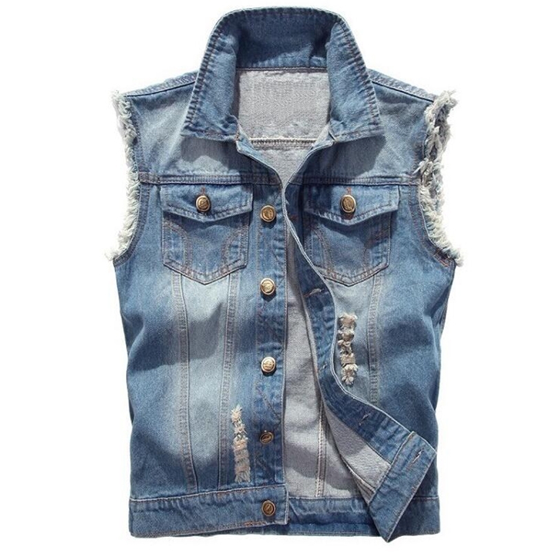 

Denim Sleeveless Jacket Men Fashion Ripped Cotton Jean Vests Gilet Casual Jeans Waistcoat Cowboy Hip Hop Streetwear Clothing 220406, Light blue