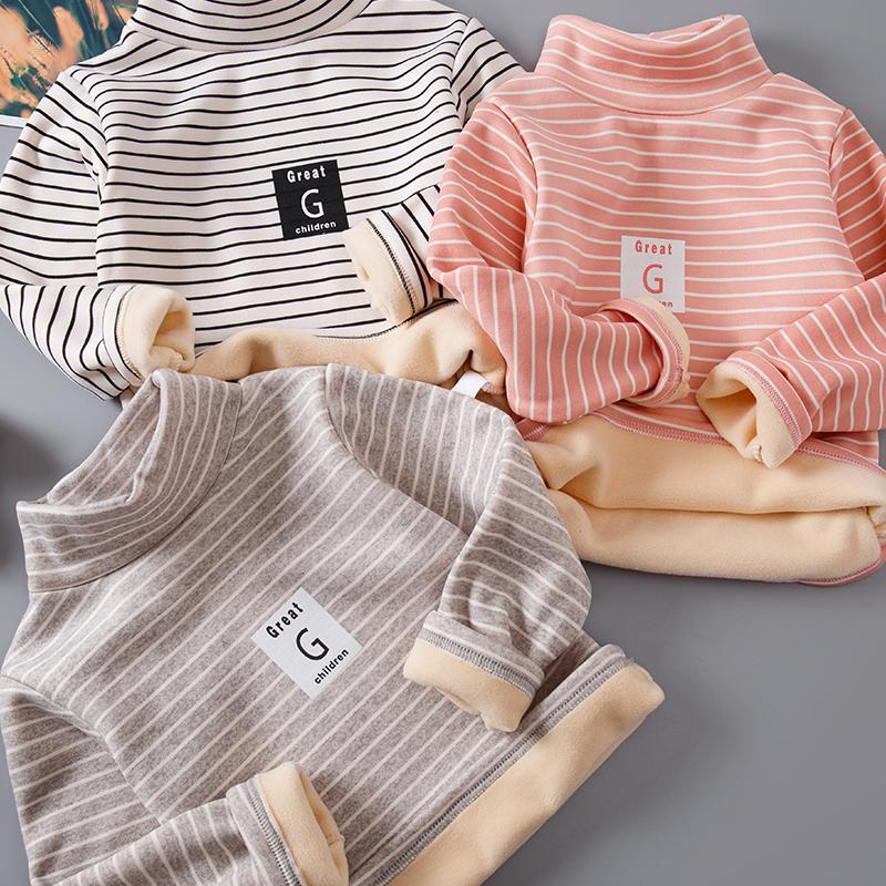 

T-shirts Children Top Clothes Autumn Winter Thicken Boys & Girls Shirts 2-10Y Warm Striped/solid Baby Kids Coats UnisexT-shirts, Gray striped