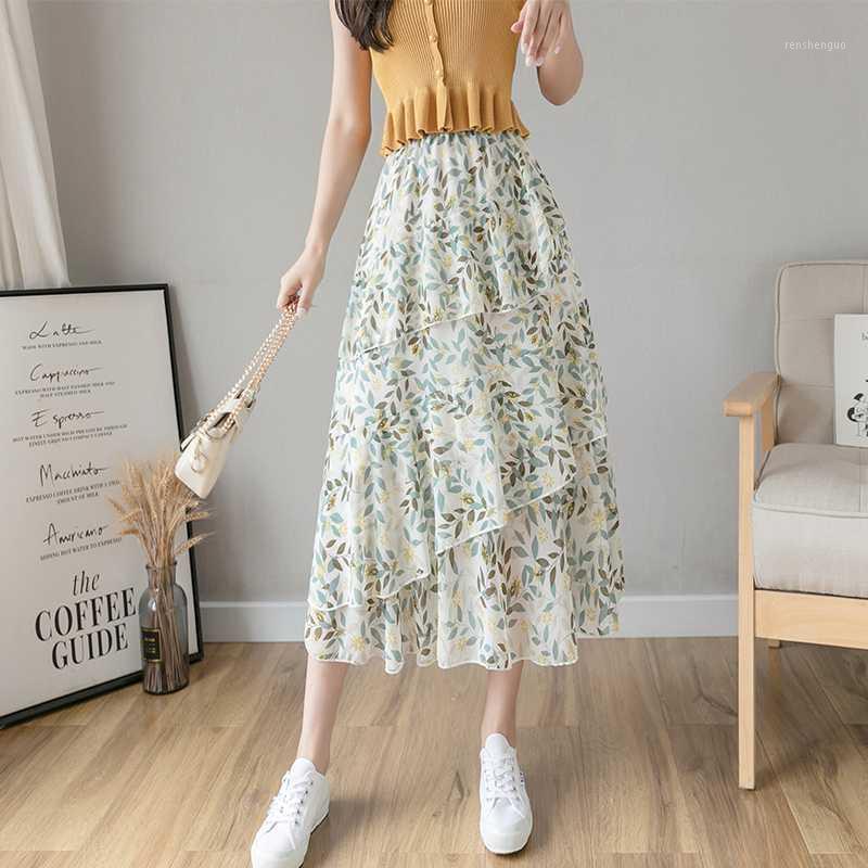 

Skirts 2022 Arrival Spring Summer Women High Waist Slim Long Skirt Korean Sweet Multilayer Ruffles Floral Chiffon Cake, Green