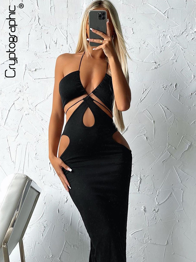 

2022 Summer Sexy Halter Cut Out Bandage Maxi Dress for Women Sleeveless Backless Outfits Party 2 Piece Dresses Set, Black