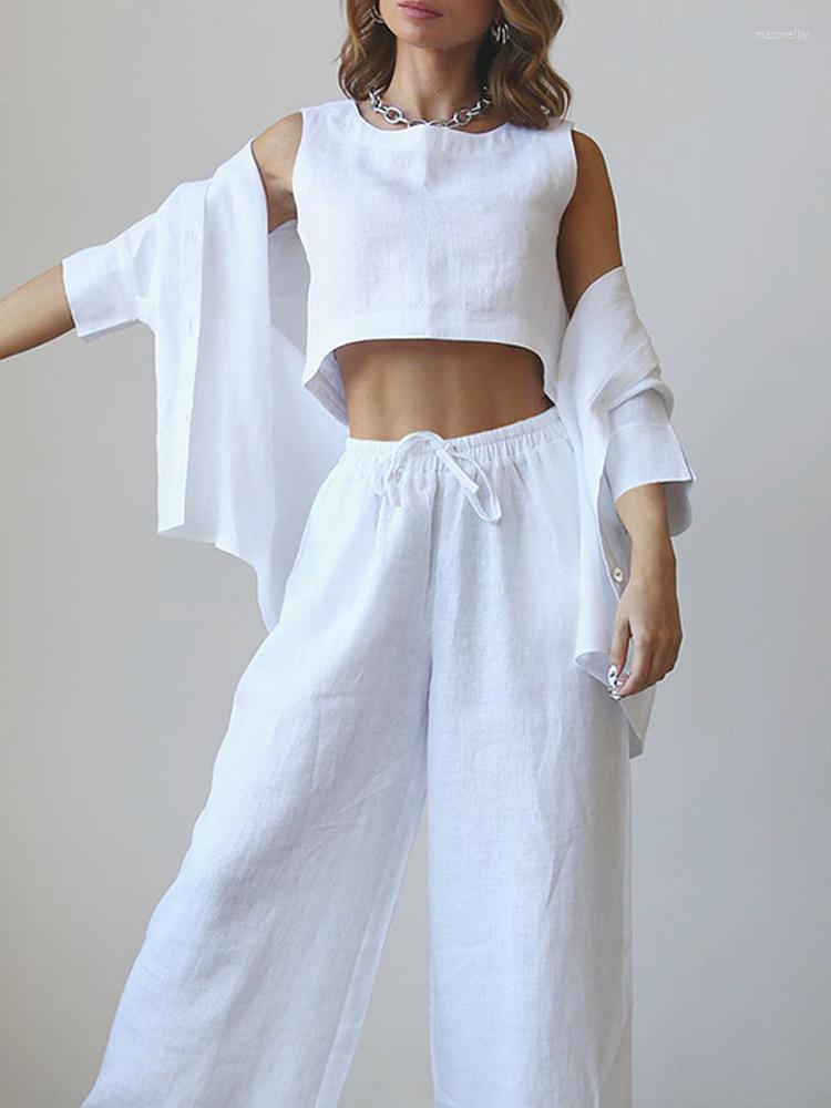 

Women' Two Piece Pants Summer Women Vest Shirt 3 Pieces Set Cotton Linen Crop Tank High Waist Wide Leg Trousers Suit 2022 Casual Lady Homew, White
