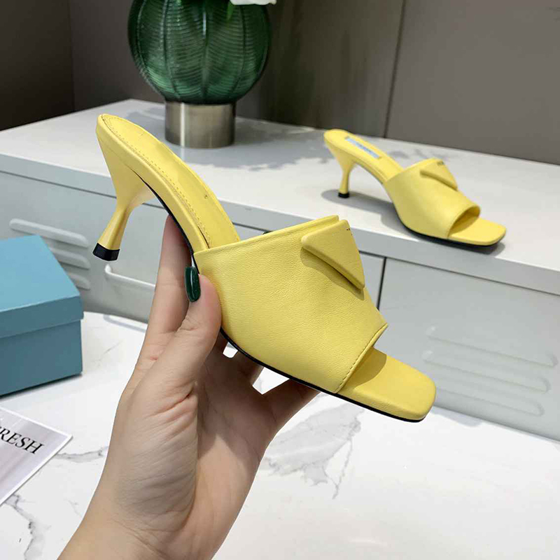 

Women Sheepskin Slippers Summer Square Toe Stiletto Heels Slipper Triangle Designer Slides Flip Flops Size 35-42 With Box, 4#