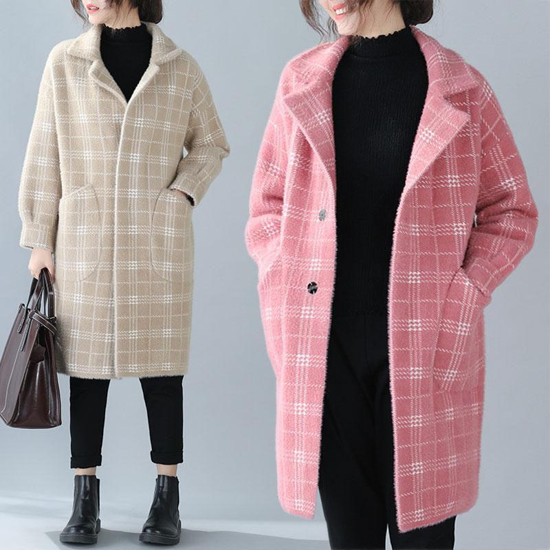 

Women's Knits & Tees Plus Size Coat Female Fashion Slimming Plaid Washed Woolen Jacket Autumn Winter Women Single Breasted Knitted Cardigan, Pink