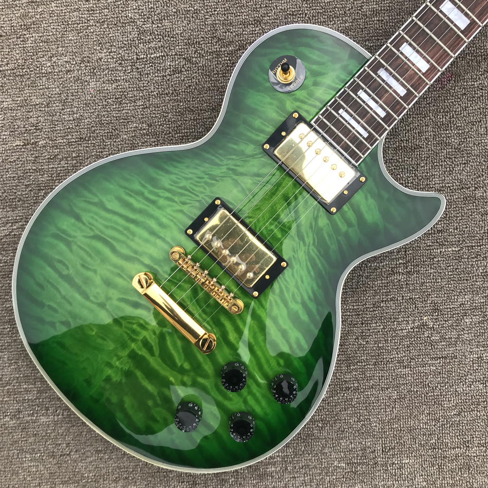 

Custom LP electric guitar, gold hardware, rosewood fingerboard, green burst color quilte maple, solid mahogany body guitar