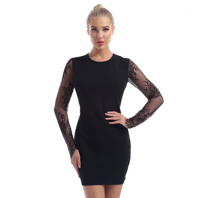 

Casual Dresses 2022 Women Lace Dress Long Sleeves Open Back Sexy Above Knee Length Clubwear Female Wedding Party Costume, Black