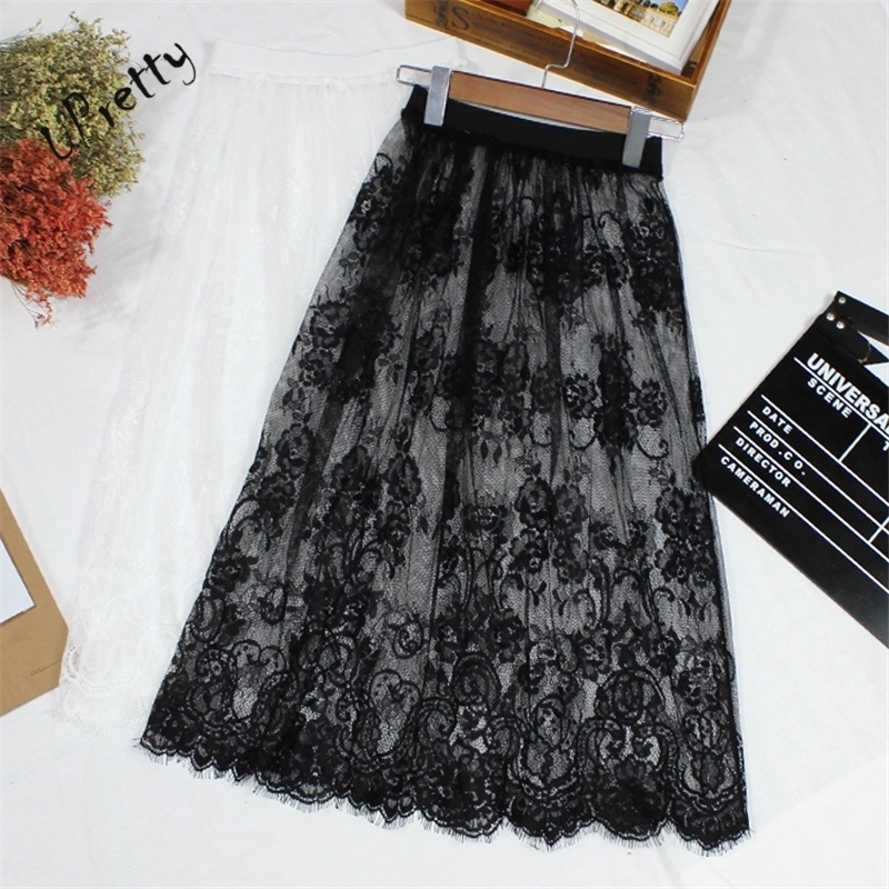 

Women Sexy Lace Mesh Skirt Spring Summer Casual High Waist Elastic Floral Hollow Out ALine See Through Tulle Long Skirt 142 Y200326, White