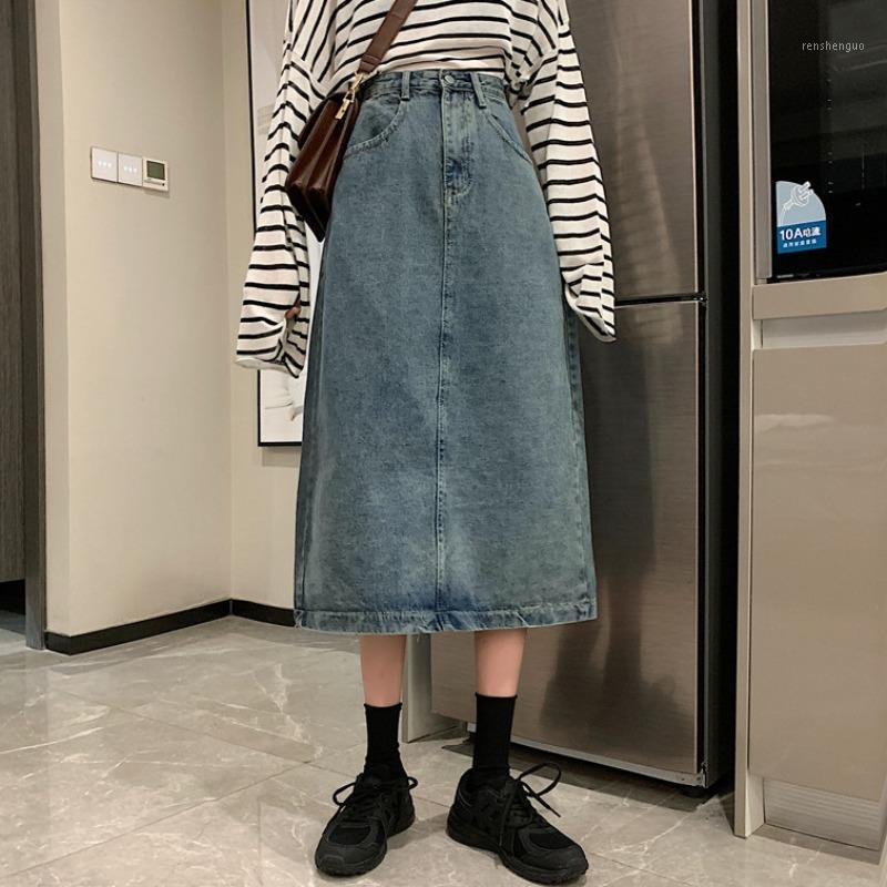 

Skirts Women Summer Autumn Denim Midi High Waist Silt Vintage Retro Elegant A-line Womens 2022 Loose Casual Daily Bottoms, Black