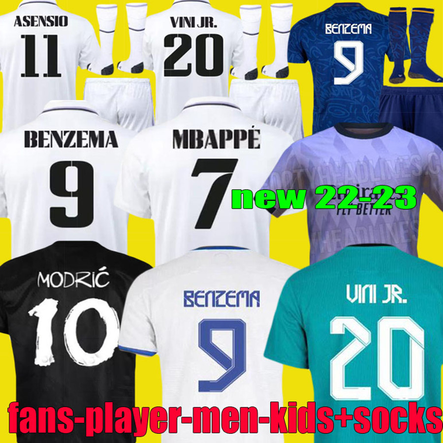 

BENZEMA soccer jersey MBAPPE RODRYGO 2021 2022 2023 CAMAVINGA ALABA ASENSIO MODRIC VINI JR football shirt 21 22 23 REAL MADRIDS camiseta men kids kit set socks uniform, Fans 4th