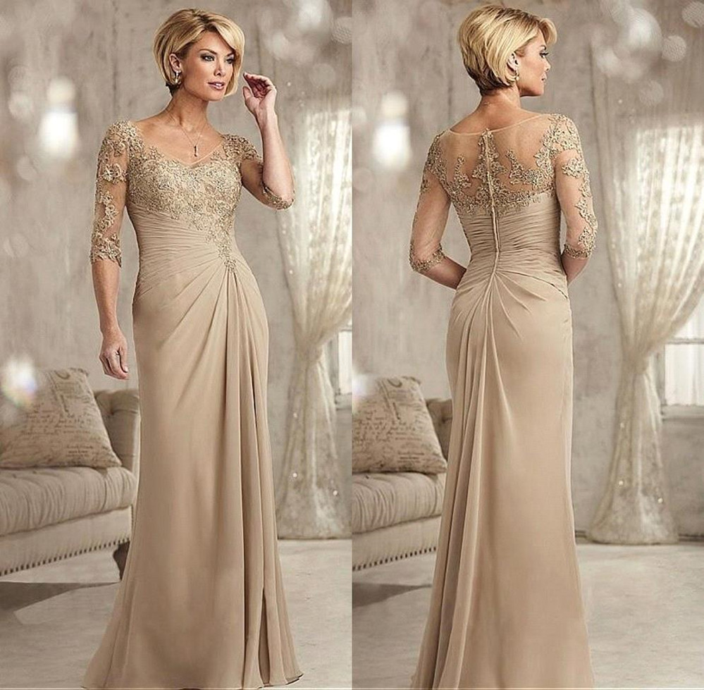 

Graceful Champagne Mothers Dresses Sheath Sheer 1/2 Sleeve V Neck Lace Appliqued Mother of the Bride Dress Ruched Long Wemen Formal Gown BC1525