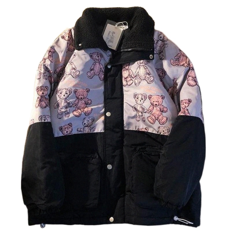 women's Down & Parkas 2021 Casual Stitching Pocket Zipper Loose Pleated Windproof Sleeve Cotton Jacket Winter Warm Bear Print x999#