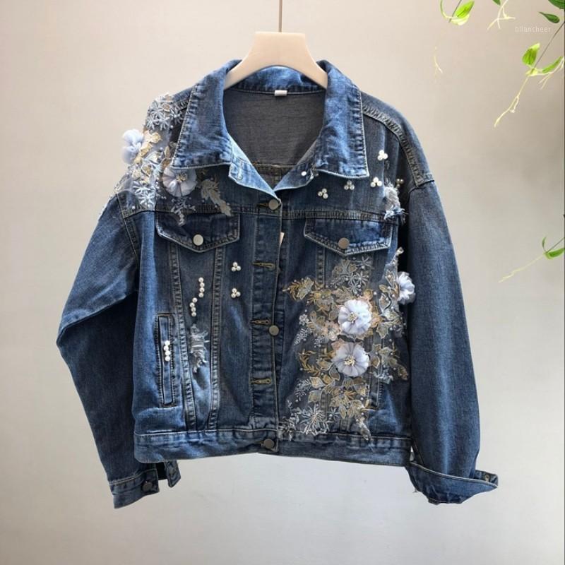 

Women's Jackets Embroidery Flowers Beading Denim Jacket Women Fashion Frayed Jeans Female Lapel Single Breasted Brand Coat Harajuku, White