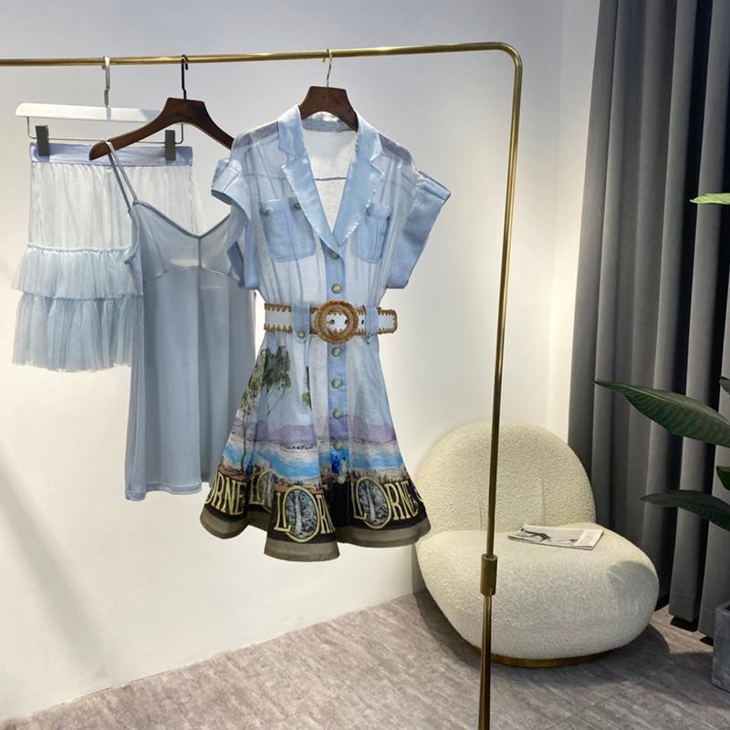 Robes décontractées Femmes Hobe 2022 Top Quality Linage en line de soie Spring Summer Lome Print Deux pièces Sky Blue Blue Desinger Wear