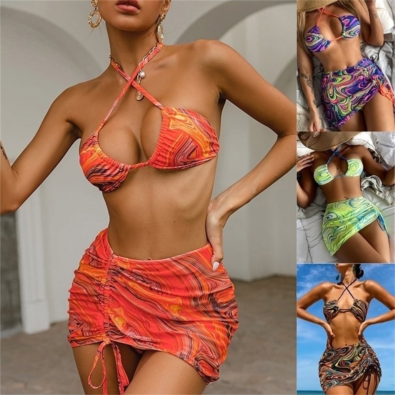 

Sexy High Waist Mesh Skirt Swimsuit Triangle Micro Bikini Set 3piece Cut Swimwear Women Vintage Print Suit Biquini 220527, Black