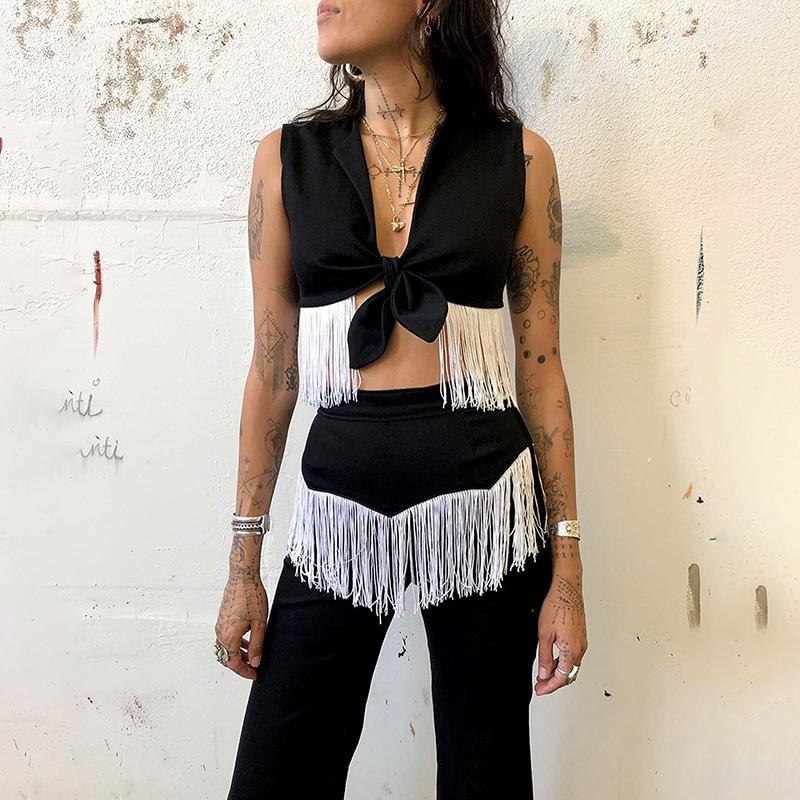 

Women' Two Piece Pants Fashion Summer Sets Womens Outifits For Women 2022 Casual Tassel Sexy Sleeveless Bow Crop Top And Set Woman SuitWome, Black