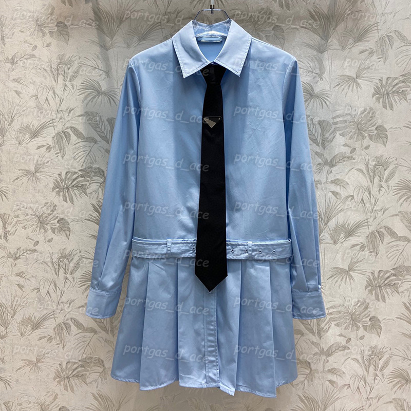 

College Style Shirt Skirt Womens Girls Long Sleeve Dress with Tie Casual Fashion Women Lapel Dress, Blue with label #